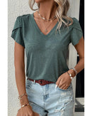 Mist Green Fashion Petal Sleeve V Neck T Shirt - S