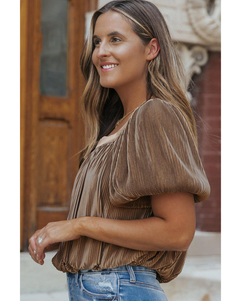 Simply Taupe Pleated Puff Sleeve Square Neck Blouse - L