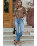 Simply Taupe Pleated Puff Sleeve Square Neck Blouse - M