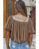 Simply Taupe Pleated Puff Sleeve Square Neck Blouse - XL