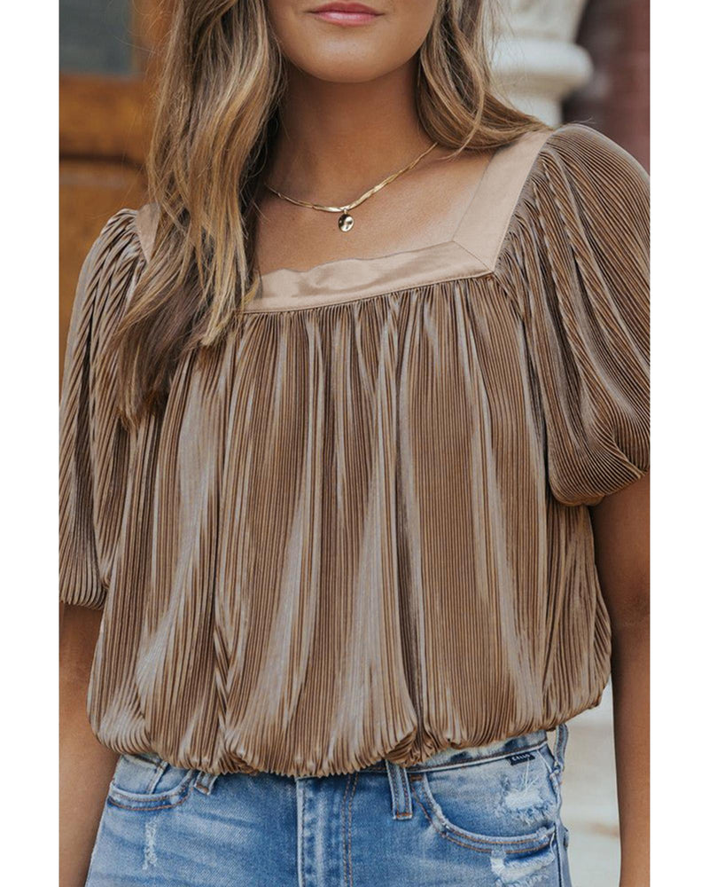 Simply Taupe Pleated Puff Sleeve Square Neck Blouse - XL