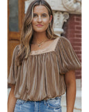 Simply Taupe Pleated Puff Sleeve Square Neck Blouse - XL