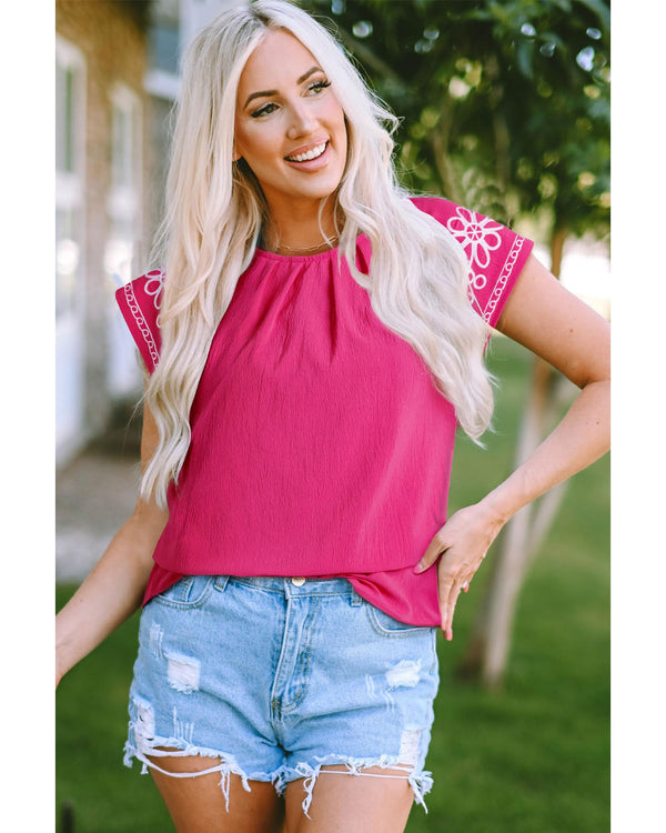 Sachet Pink Floral Embroidered Flutter Sleeve Pleated Neck Blouse - S