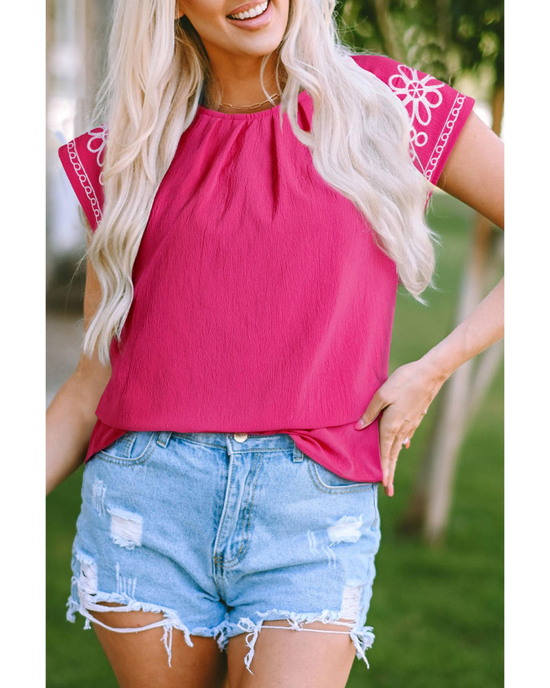 Sachet Pink Floral Embroidered Flutter Sleeve Pleated Neck Blouse - S