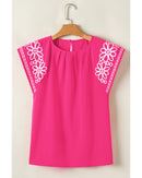 Sachet Pink Floral Embroidered Flutter Sleeve Pleated Neck Blouse - S