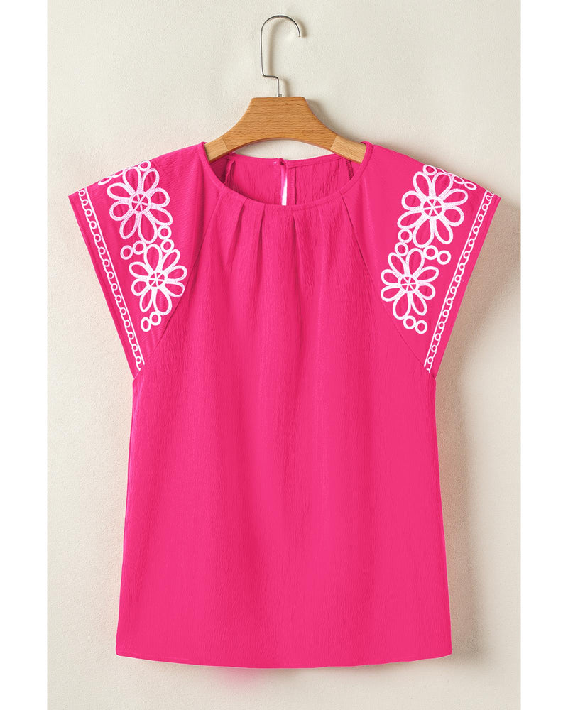 Sachet Pink Floral Embroidered Flutter Sleeve Pleated Neck Blouse - S