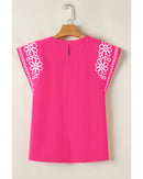 Sachet Pink Floral Embroidered Flutter Sleeve Pleated Neck Blouse - S