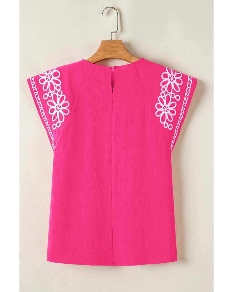 Sachet Pink Floral Embroidered Flutter Sleeve Pleated Neck Blouse - S