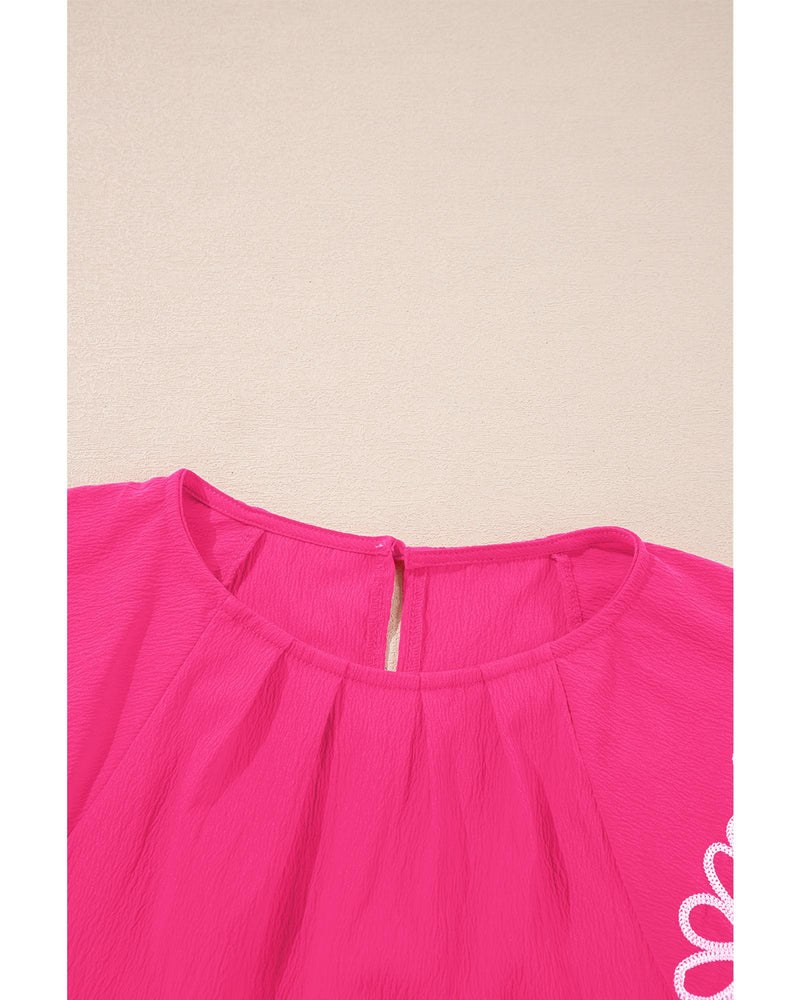 Sachet Pink Floral Embroidered Flutter Sleeve Pleated Neck Blouse - S