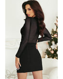 Black Sequin Velvet Sheer Mesh Mock Neck Blouse - L