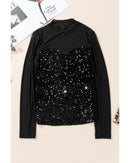 Black Sequin Velvet Sheer Mesh Mock Neck Blouse - M