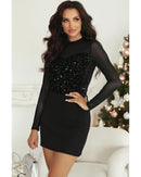 Black Sequin Velvet Sheer Mesh Mock Neck Blouse - M