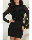 Black Sequin Velvet Sheer Mesh Mock Neck Blouse - M