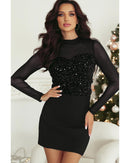 Black Sequin Velvet Sheer Mesh Mock Neck Blouse - M