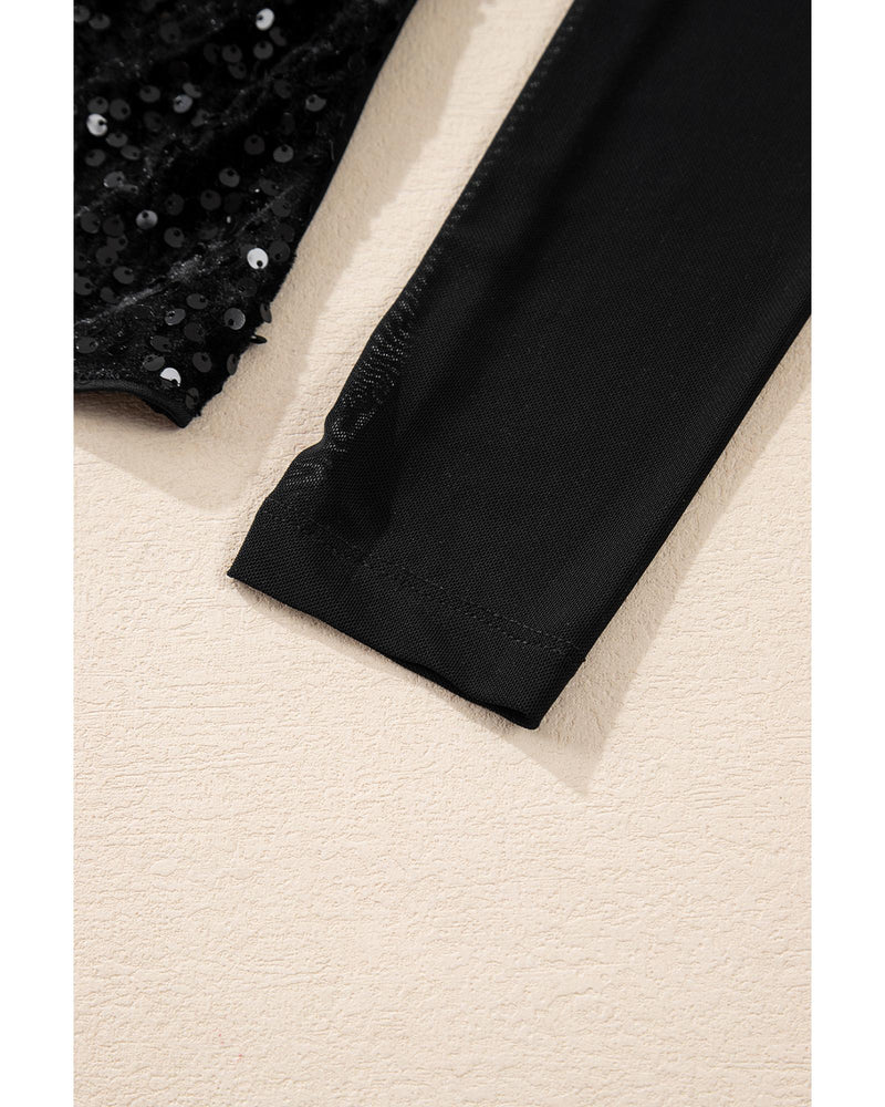 Black Sequin Velvet Sheer Mesh Mock Neck Blouse - S
