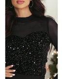 Black Sequin Velvet Sheer Mesh Mock Neck Blouse - XL