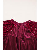 Red Dahlia Sequin Patchwork Sleeve Button Up Velvet Top - L