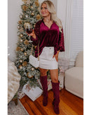 Red Dahlia Sequin Patchwork Sleeve Button Up Velvet Top - L