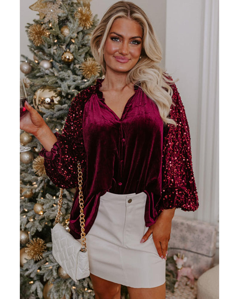 Red Dahlia Sequin Patchwork Sleeve Button Up Velvet Top - L