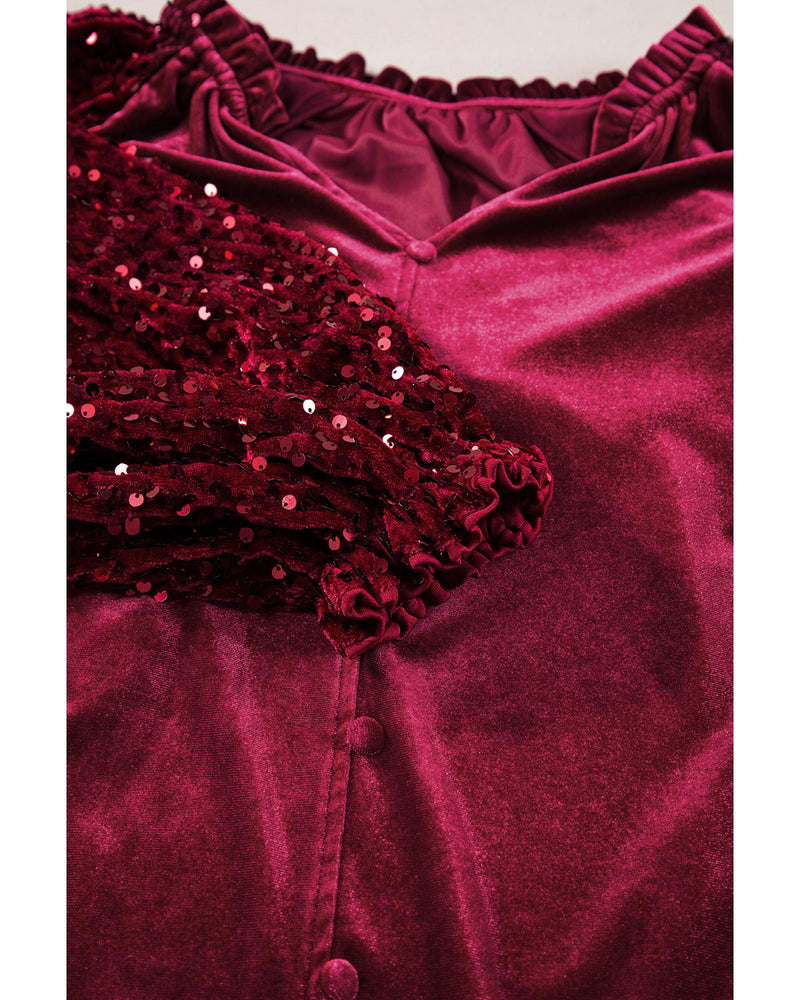 Red Dahlia Sequin Patchwork Sleeve Button Up Velvet Top - M