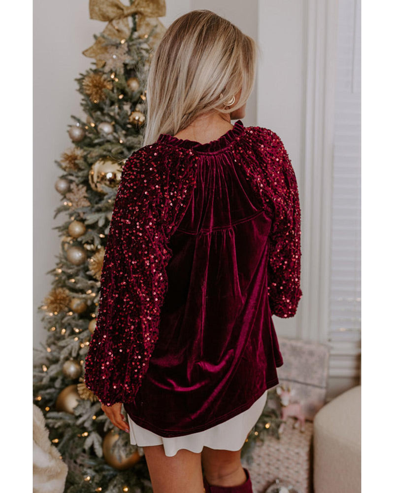 Red Dahlia Sequin Patchwork Sleeve Button Up Velvet Top - M