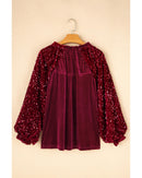 Red Dahlia Sequin Patchwork Sleeve Button Up Velvet Top - M