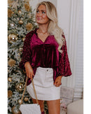 Red Dahlia Sequin Patchwork Sleeve Button Up Velvet Top - M