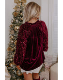 Red Dahlia Sequin Patchwork Sleeve Button Up Velvet Top - S