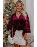 Red Dahlia Sequin Patchwork Sleeve Button Up Velvet Top - S
