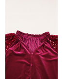 Red Dahlia Sequin Patchwork Sleeve Button Up Velvet Top - S