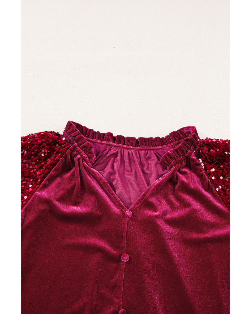 Red Dahlia Sequin Patchwork Sleeve Button Up Velvet Top - S