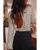 Silvery Sequin Puff Sleeve Cutout Back Blouse - L