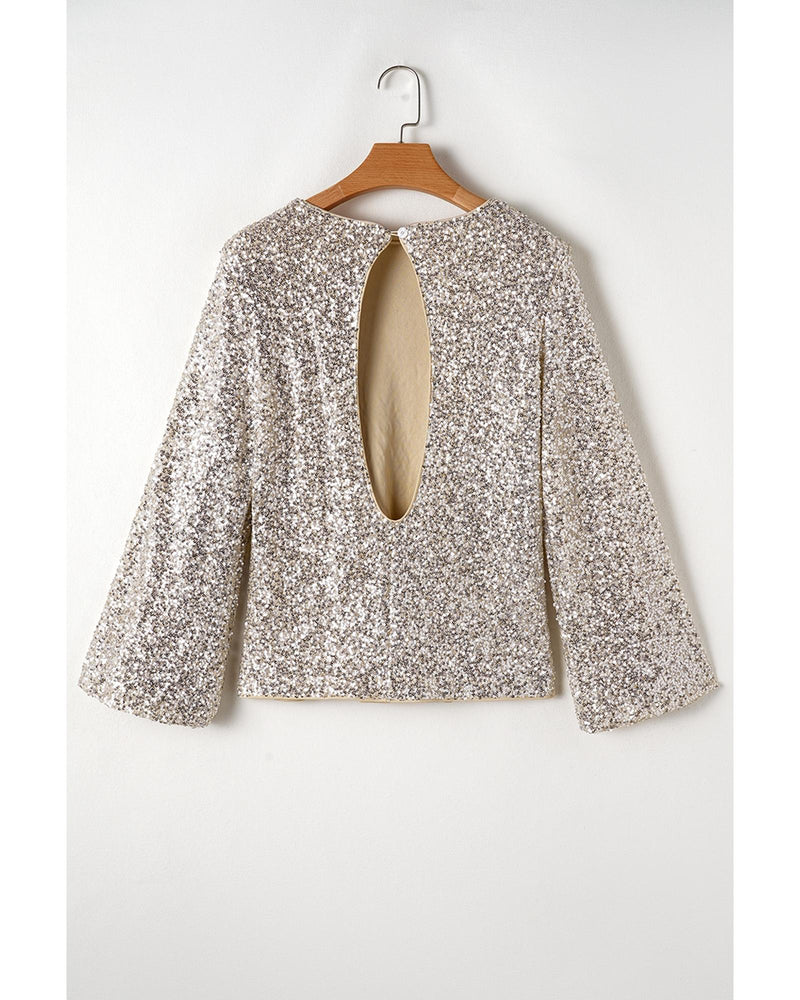 Silvery Sequin Puff Sleeve Cutout Back Blouse - L