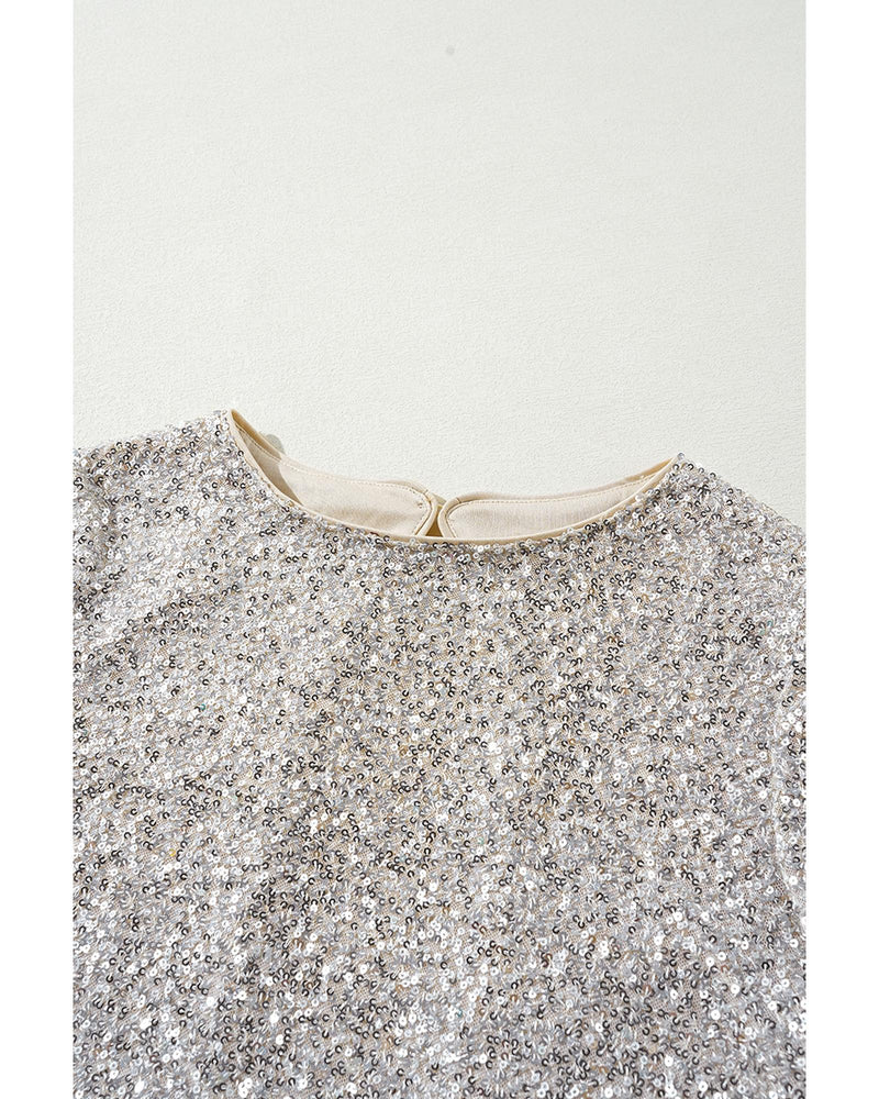 Silvery Sequin Puff Sleeve Cutout Back Blouse - M