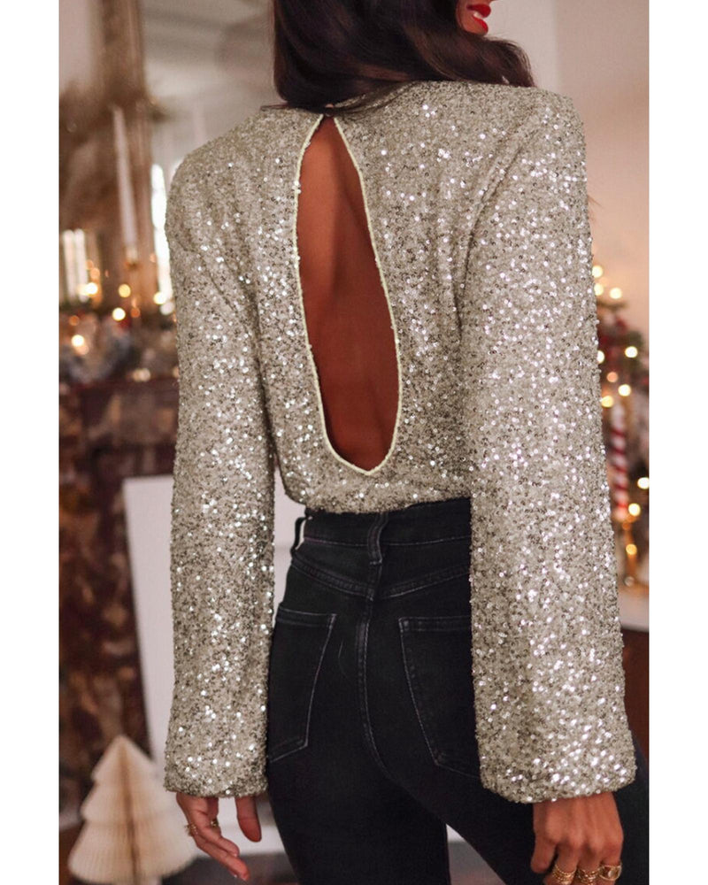 Silvery Sequin Puff Sleeve Cutout Back Blouse - M