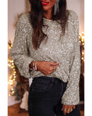 Silvery Sequin Puff Sleeve Cutout Back Blouse - M