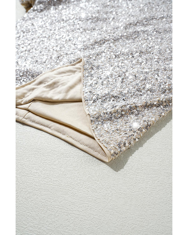 Silvery Sequin Puff Sleeve Cutout Back Blouse - XL