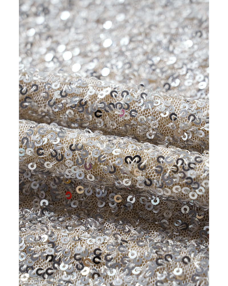 Silvery Sequin Puff Sleeve Cutout Back Blouse - XL