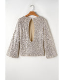 Silvery Sequin Puff Sleeve Cutout Back Blouse - XL