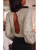 Silvery Sequin Puff Sleeve Cutout Back Blouse - XL