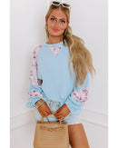 Beau Blue Textured Floral Patchwork Balloon Sleeve Blouse - L