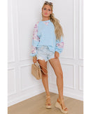 Beau Blue Textured Floral Patchwork Balloon Sleeve Blouse - L