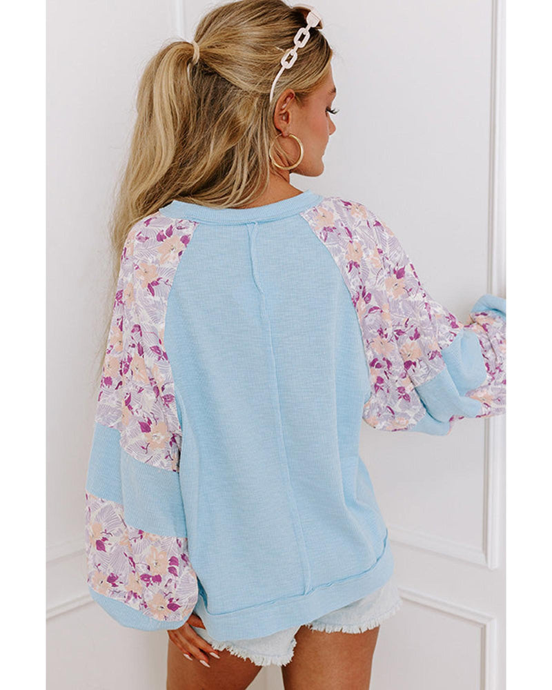 Beau Blue Textured Floral Patchwork Balloon Sleeve Blouse - L