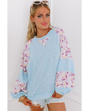 Beau Blue Textured Floral Patchwork Balloon Sleeve Blouse - M