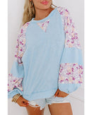 Beau Blue Textured Floral Patchwork Balloon Sleeve Blouse - M