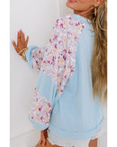 Beau Blue Textured Floral Patchwork Balloon Sleeve Blouse - M