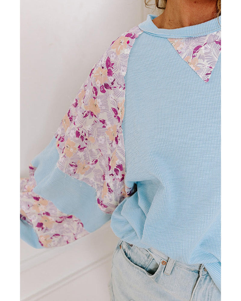 Beau Blue Textured Floral Patchwork Balloon Sleeve Blouse - S