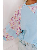 Beau Blue Textured Floral Patchwork Balloon Sleeve Blouse - XL