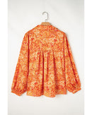 Orange Abstract Print Collared V Neck Babydoll Blouse - M
