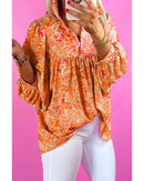 Orange Abstract Print Collared V Neck Babydoll Blouse - M